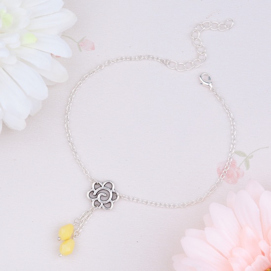 Picture of New Fashion Anklet Flower Connector Link Cable Chain Silver Plated With Yellow Beads 21cm(8 2/8") long, 1 Piece