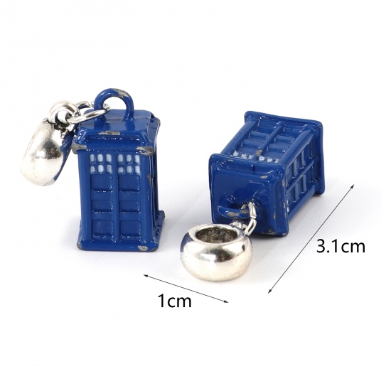 Picture of Zinc Based Alloy European Style Large Hole Charm Dangle Beads With Blue Police Agency House Pendant 3.1cm x 1cm, 2 PCs