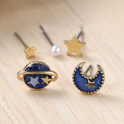 Picture of Ear Post Stud Earrings Set Star Half Moon Planet Gold Plated Deep Blue Enamel W/ Stoppers 11mm x8mm( 3/8" x 3/8") - 3mm( 1/8") Dia., Post/ Wire Size: (20 gauge), 1 Set