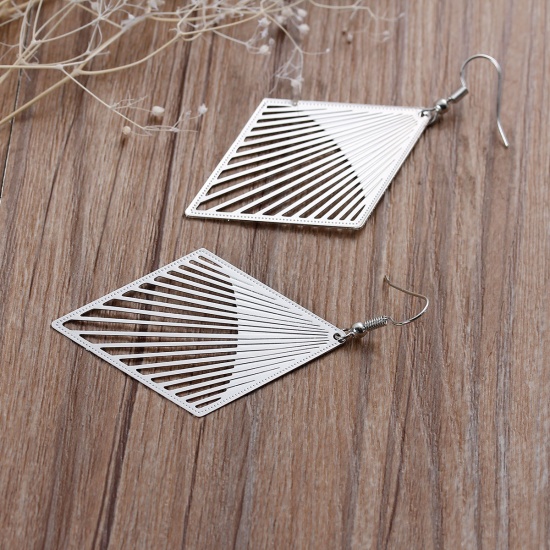 Picture of Brass Filigree Stamping Earrings Rhombus Silver Tone Hollow 73mm(2 7/8") x 38mm(1 4/8"), Post/ Wire Size: (21 gauge), 1 Pair                                                                                                                                  