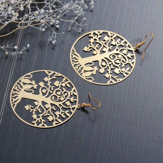 Picture of Brass Filigree Stamping Earrings Round Gold Plated Tree Carved Hollow 63mm(2 4/8") x 45mm(1 6/8"), Post/ Wire Size: (21 gauge), 1 Pair                                                                                                                        