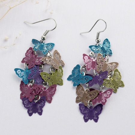Picture of Brass Filigree Stamping Earrings Butterfly Multicolor Enamel 69mm(2 6/8") long, Post/ Wire Size: (21 gauge), 1 Pair