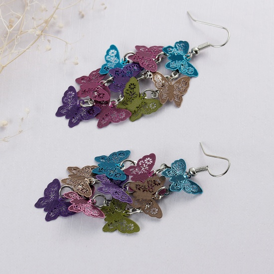 Picture of Copper Filigree Stamping Earrings Butterfly Multicolor Enamel 69mm(2 6/8") long, Post/ Wire Size: (21 gauge), 1 Pair