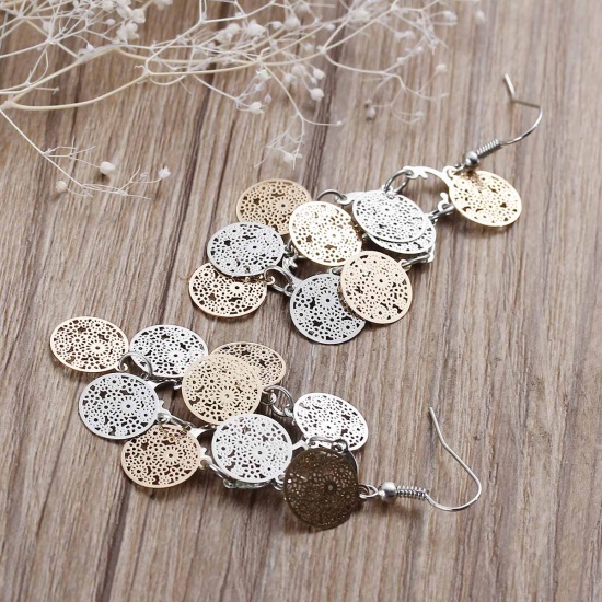 Picture of Brass Filigree Stamping Earrings Round Hollow Silver Tone & Gold Plated 73mm(2 7/8"), Post/ Wire Size: (21 gauge), 1 Pair                                                                                                                                     