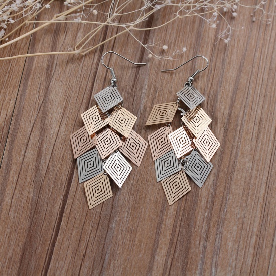 Picture of Brass Filigree Stamping Earrings Rhombus Hollow Silver Tone & Gold Plated 79mm(3 1/8"), Post/ Wire Size: (21 gauge), 1 Pair                                                                                                                                   