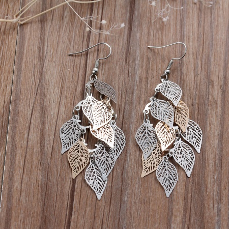 Picture of Brass Filigree Stamping Earrings Leaf Hollow Silver Tone & Gold Plated 80mm(3 1/8"), Post/ Wire Size: (21 gauge), 1 Pair