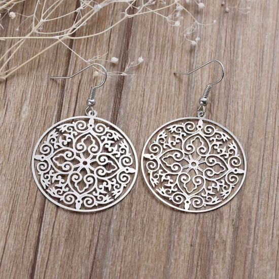 Picture of Brass Filigree Stamping Earrings Round Silver Tone Hollow 54mm(2 1/8") x 35mm(1 3/8"), Post/ Wire Size: (21 gauge), 1 Pair                                                                                                                                    
