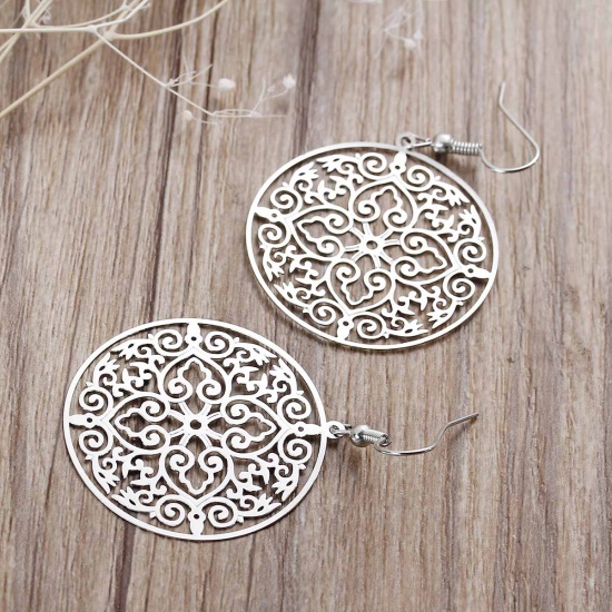 Picture of Brass Filigree Stamping Earrings Round Silver Tone Hollow 54mm(2 1/8") x 35mm(1 3/8"), Post/ Wire Size: (21 gauge), 1 Pair                                                                                                                                    
