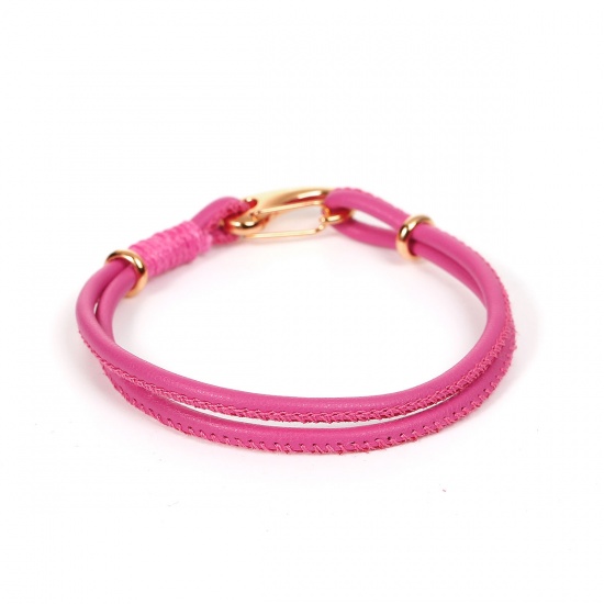 Picture of PU Leather Cord European Style Double Layer Charm Bracelets Fuchsia W/ Gold Plated Clasp 19.5cm(7 5/8") long, 2 PCs