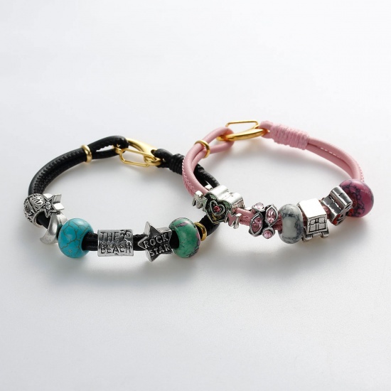 Picture of PU Leather Cord European Style Double Layer Charm Bracelets Fuchsia W/ Gold Plated Clasp 19.5cm(7 5/8") long, 2 PCs