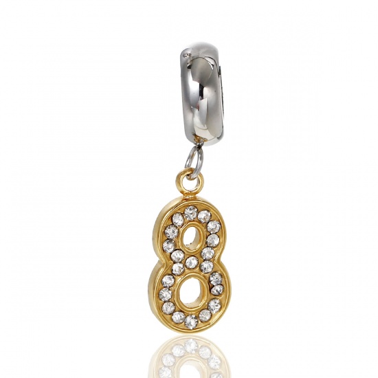 Picture of 304 Stainless Steel European Style Large Hole Charm Dangle Beads Number " 8 " Gold Plated & Silver Tone Clear Rhinestone 25mm(1") x 9mm( 3/8"), 1 Piece