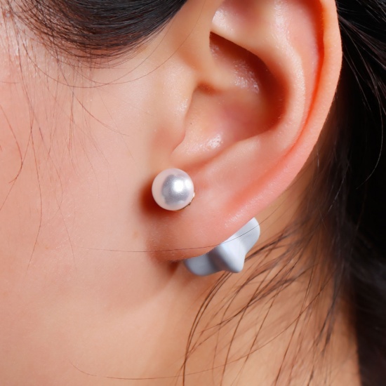 Picture of Acrylic Double Sided Ear Post Stud Earrings Pentagram Star Ball White & Light Blue Pearl Imitation Rubberized 8mm( 3/8") Dia. 16mm x15mm( 5/8" x 5/8"), Post/ Wire Size: (21 gauge), 1 Pair