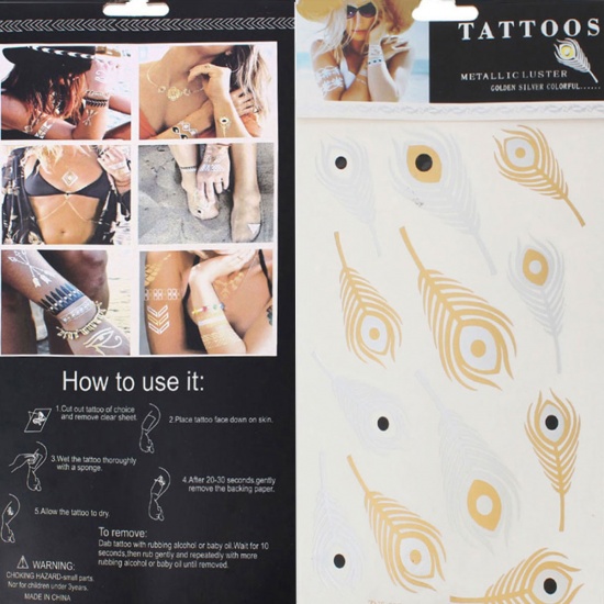 Bild von Temporäre Metallic Tattoos Aufkleber für Körper Wasserdicht Bunt Feder Muster 21cm x 14.5cm, 1 Blatt
