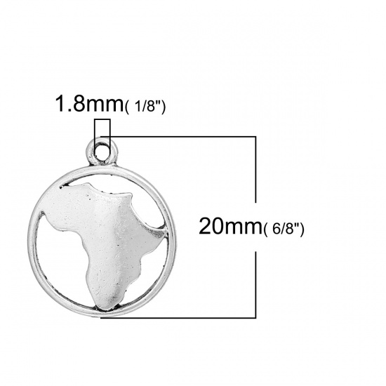 Picture of Zinc Based Alloy Travel Silhouette Map Africa Charms Round Antique Silver Color Hollow 20mm( 6/8") x 17mm( 5/8"), 20 PCs