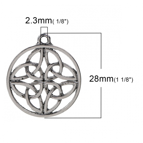 Picture of Zinc Based Alloy Charms Round Antique Silver Color Celtic Knot Carved Hollow 28mm(1 1/8") x 24mm(1"), 10 PCs