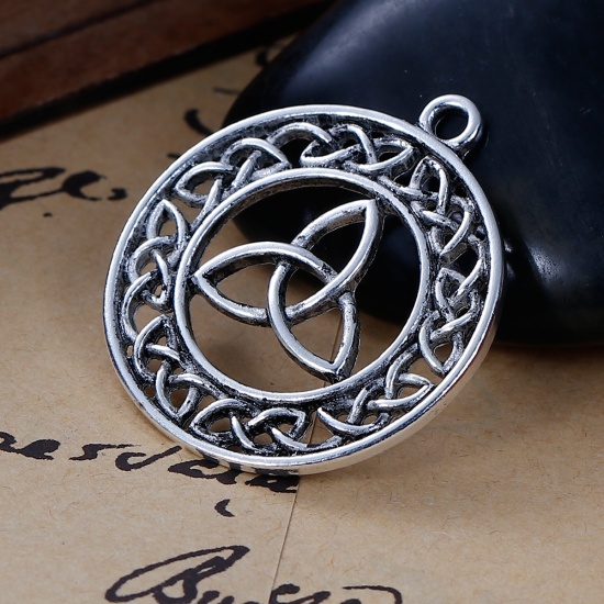 Picture of Zinc Based Alloy Pendants Round Antique Silver Color Celtic Knot Carved Hollow 3.3cm(1 2/8") x 2.9cm(1/8"), 5 PCs