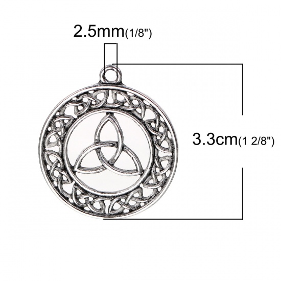Picture of Zinc Based Alloy Pendants Round Antique Silver Color Celtic Knot Carved Hollow 3.3cm(1 2/8") x 2.9cm(1/8"), 5 PCs