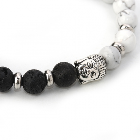 Picture of Synthetic Lava Beaded Healing Elastic Bracelet Black & White Antique Silver Buddha Statue 21.5cm(8 4/8") long, 1 Piece