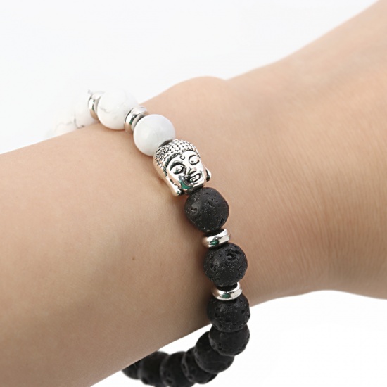 Picture of Synthetic Lava Beaded Healing Elastic Bracelet Black & White Antique Silver Buddha Statue 21.5cm(8 4/8") long, 1 Piece