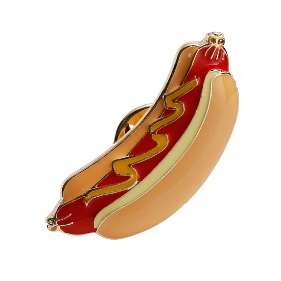 Immagine di Lega di Zinco Moda Nuova Spilla Hot Dog Oro Placcato Multicolore Smalto 34mm x 15mm, 1 Pz