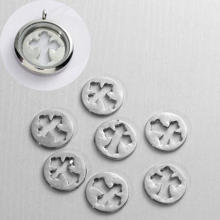 Lega di Zinco Flottante Piatti Tondo Tono Argento Croce Scolpito Filigrana 22mm Dia., 10 Pz