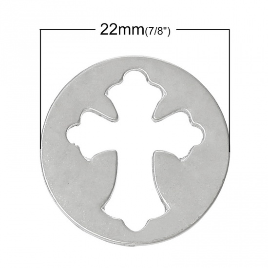 Bild von Zinklegierung Floating Medaillion Platte Für Glas Medaillion Rund Silberfarbe Kreuz Geschnitzt Hohl 22mm D., 10 Stücke