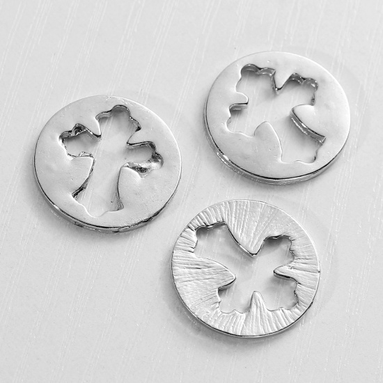 Picture of Zinc Based Alloy Floating Plates For Glass Locket Round Silver Tone Cross Carved Hollow 22mm( 7/8") Dia., 10 PCs