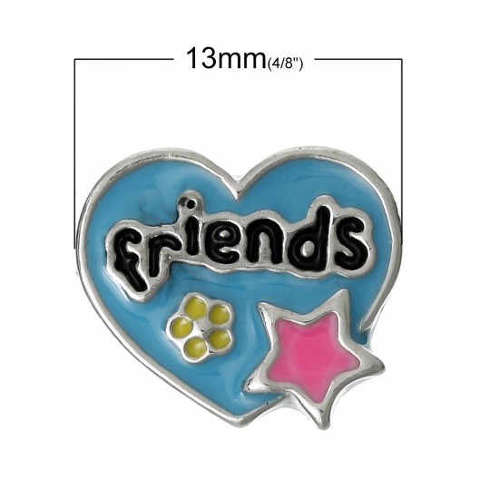 Picture of Zinc Based Alloy Floating Charms For Glass Locket Heart Silver Tone Pentagram Star Message " friends " Carved Multicolor Enamel 13mm( 4/8") x 11mm( 3/8"), 5 PCs