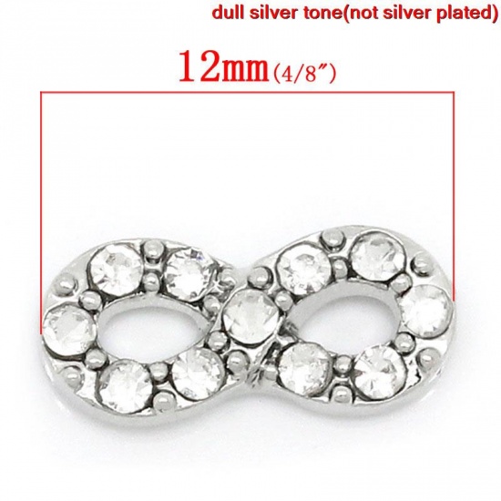 Picture of Zinc Based Alloy Floating Charms For Glass Locket Infinity Symbol Silver Tone Clear Rhinestone 12mm( 4/8") x 5mm( 2/8"), 5 PCs