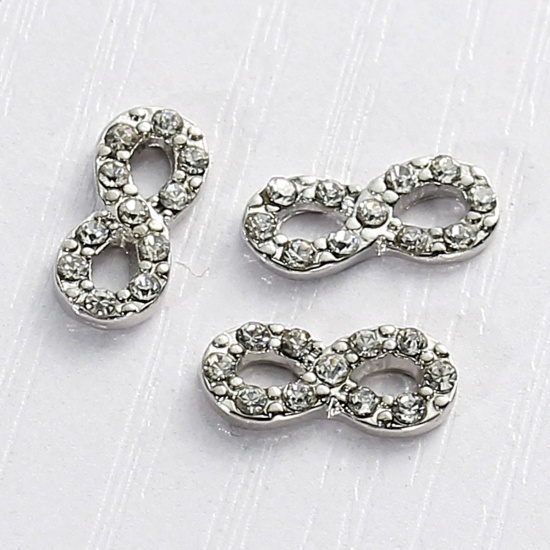 Picture of Zinc Based Alloy Floating Charms For Glass Locket Infinity Symbol Silver Tone Clear Rhinestone 12mm( 4/8") x 5mm( 2/8"), 5 PCs