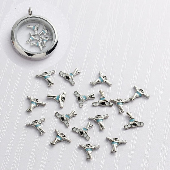 Picture of Zinc Based Alloy Sport Floating Charms For Glass Locket Athlete Silver Tone White & Blue Enamel 8mm( 3/8") x 8mm( 3/8"), 5 PCs