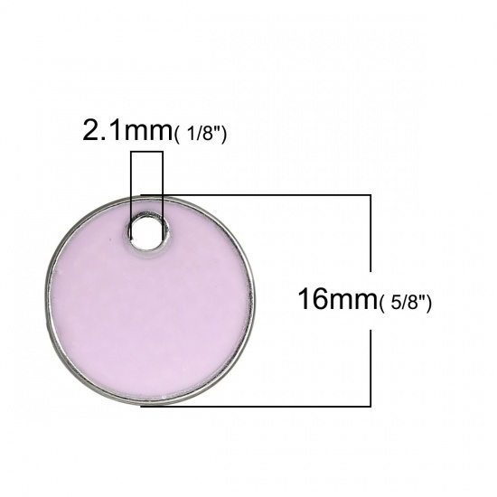 Immagine di Lega di Zinco Charm Ciondoli Tondo Tono Argento Rosa Smalto 16mm Dia, 5 Pz