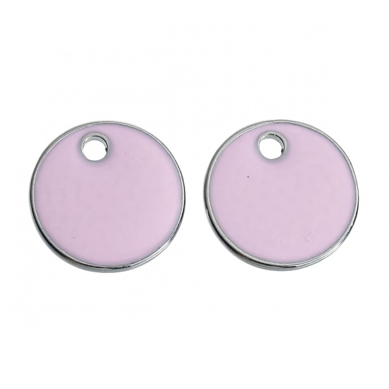 Immagine di Lega di Zinco Charm Ciondoli Tondo Tono Argento Rosa Smalto 16mm Dia, 5 Pz