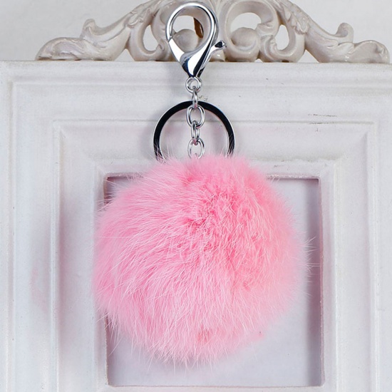 Picture of Angora Keychain & Keyring Pom Pom Ball Silver Tone Pink 14cm x 7.8cm, 1 Piece