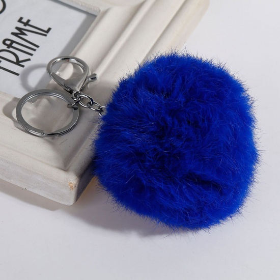 Picture of Angora Keychain & Keyring Pom Pom Ball Silver Tone Royal Blue 14cm x 7.8cm, 1 Piece
