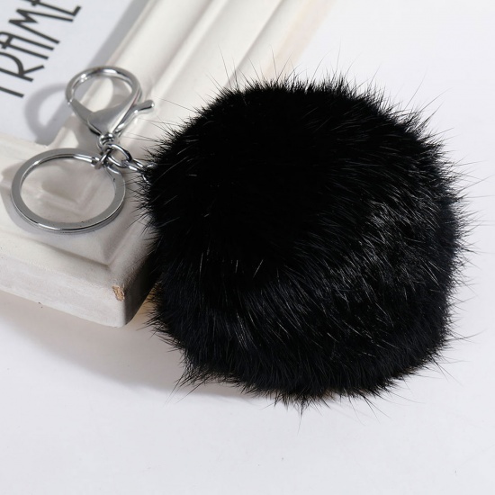 Picture of Angora Keychain & Keyring Pom Pom Ball Silver Tone Black 14cm x 7.8cm, 1 Piece