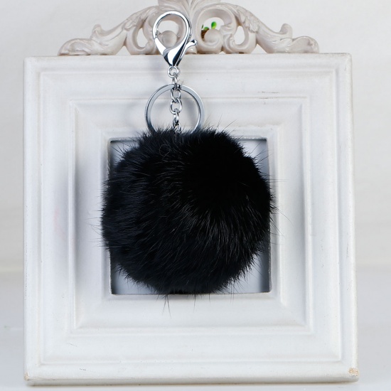 Picture of Angora Keychain & Keyring Pom Pom Ball Silver Tone Black 14cm x 7.8cm, 1 Piece