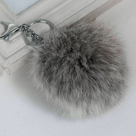 Picture of Angora Keychain & Keyring Pom Pom Ball Silver Tone Gray 14cm x 7.8cm, 1 Piece