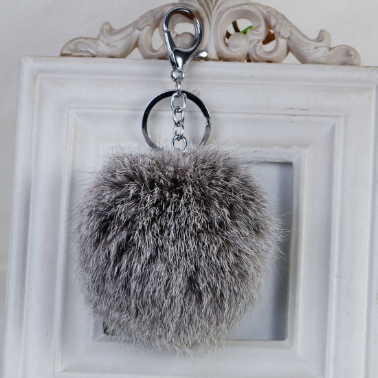 Picture of Angora Keychain & Keyring Pom Pom Ball Silver Tone Gray 14cm x 7.8cm, 1 Piece