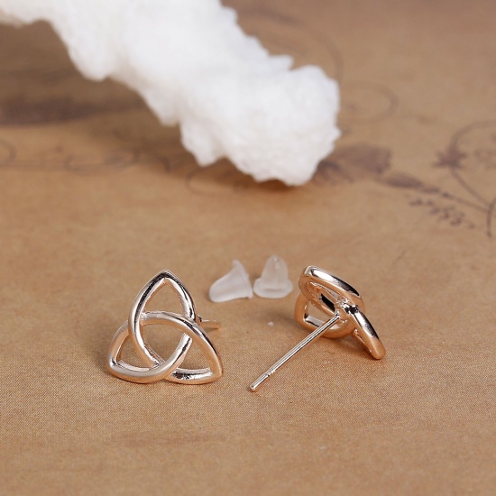 Picture of Brass Ear Post Stud Earrings Rose Gold Triangle Celtic Knot W/ Stoppers 12mm( 4/8") x 11mm( 3/8"), Post/ Wire Size: (20 gauge), 2 PCs