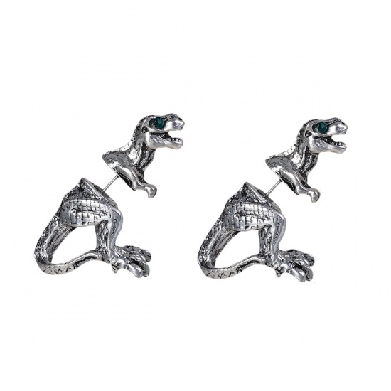 Picture of 3D Double Sided Ear Post Stud Earrings Antique Silver Dinosaur Animal Green Rhinestone 28mm(1 1/8") x 22mm( 7/8"), Post/ Wire Size: (21 gauge), 2 PCs