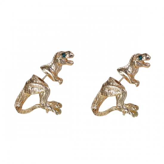 Picture of 3D Double Sided Ear Post Stud Earrings Gold Plated Dinosaur Animal Green Rhinestone 28mm(1 1/8") x 22mm( 7/8"), Post/ Wire Size: (21 gauge), 2 PCs