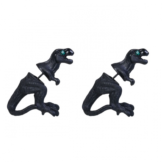 Picture of 3D Double Sided Ear Post Stud Earrings Black Dinosaur Animal Green Rhinestone 28mm(1 1/8") x 22mm( 7/8"), Post/ Wire Size: (21 gauge), 2 PCs