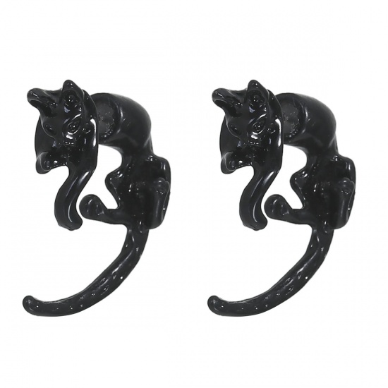 Picture of 3D Double Sided Ear Post Stud Earrings Halloween Black Cat 25mm(1") x 23mm( 7/8"), Post/ Wire Size: (21 gauge), 2 PCs