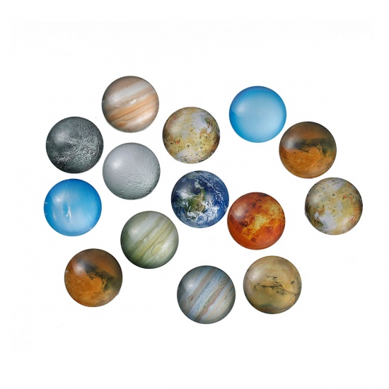 ガラス ドームシール カボション 円形 フラット  ランダムな色 宇宙 惑星 透明 25mm直径、 10 個 の画像