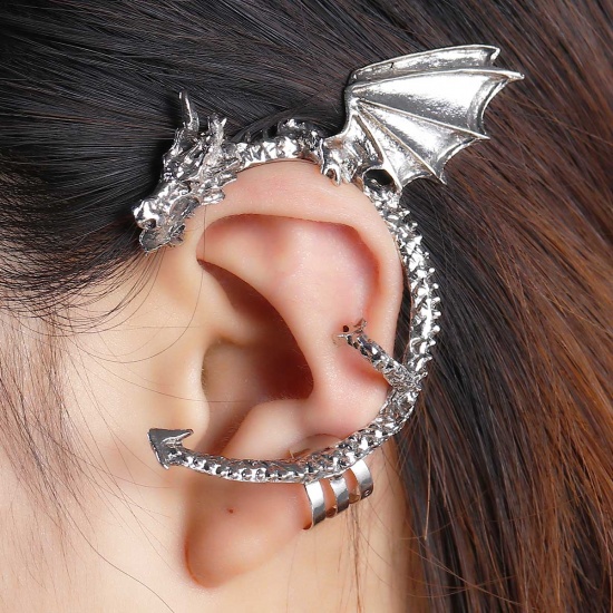 Picture of Ear Cuff Clip On Stud Wrap Earrings For Left Ear Antique Silver Dragon 62mm(2 4/8") x 56mm(2 2/8"), 2 PCs