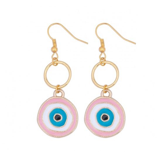 Picture of Earrings Gold Plated Multicolor Enamel Evil Eye 5.6cm(2 2/8") x 5cm(2"), Post/ Wire Size: (21 gauge), 1 Pair