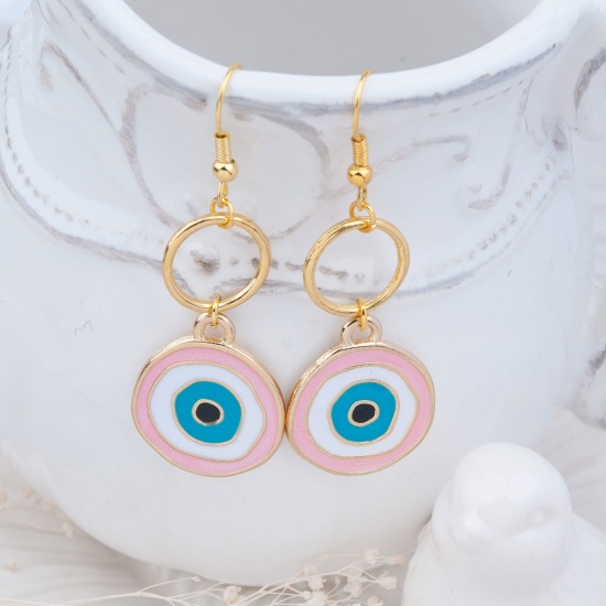 Picture of Earrings Gold Plated Multicolor Enamel Evil Eye 5.6cm(2 2/8") x 5cm(2"), Post/ Wire Size: (21 gauge), 1 Pair