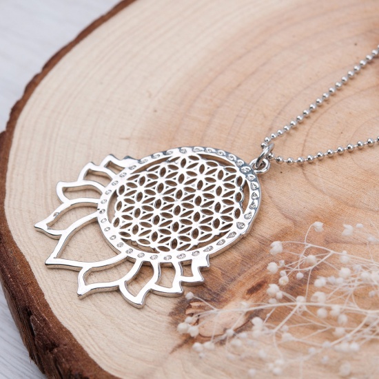 Picture of Copper Flower Of Life Necklace Ball Chain Silver Tone Hollow 58.5cm(23") long, 1 Piece
