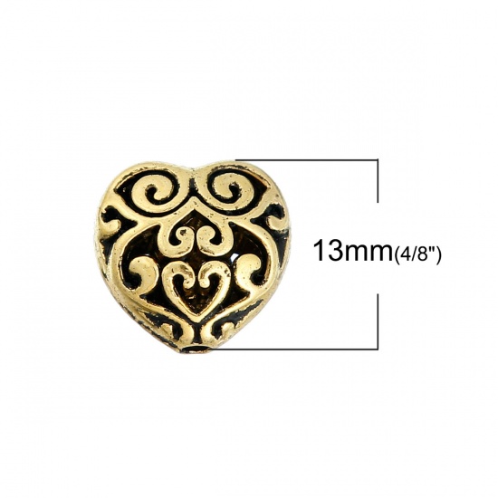 Изображение Цинковый Сплав Бусины Сердце Античное Золото ажурная резьба Примерно 13мм x 13мм, 10 ШТ